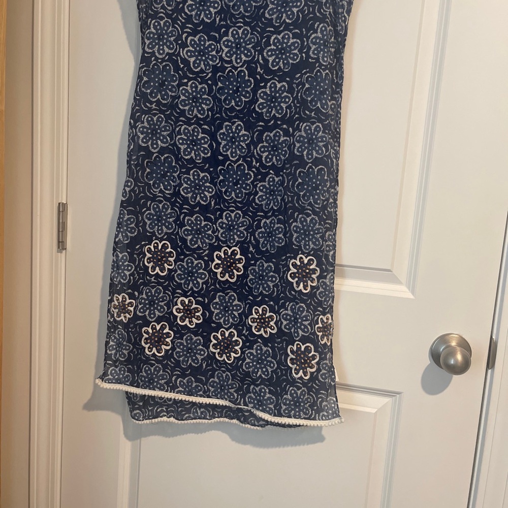 Navy Floral Print Scarf/Wrap 24x68 Lord Krishna beaded flowers at both endsIndia